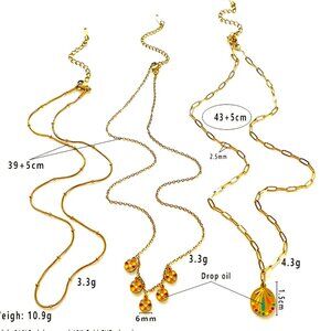 18K GOLD DIP 3 NECKLACES WORN AS 1 ENAMEL COLORED DROPS, OVAL PENDANT & STATION